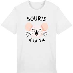 T-shirt met muis tot het leven, voor heren, bedrukt in Frankrijk, 100% biologisch katoen, cadeau voor verjaardagsdieren, origineel grappig, Wit, 3XL