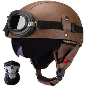 Duitse leren motorhelmen, halve schaalhelm met DOT/ECE, retro jethelm, scooterhelm, chopperhelm, fietshelm, met zonneklep en snelsluitingen open helm N,M=57-58CM