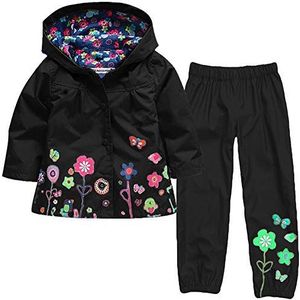 Baotung 2-delige kledingset voor meisjes, waterdichte regenpak, regenpak, regenjas met capuchon en bloemenpatroon + regenbroek, zwart, 104-110
