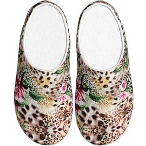 EdWal dier Tijger Luipaard Print Rose Bloem Print Winter Warme Slippers Indoor Anti-slip Pluche Slippers Ontspannen Thuis voor Vrouwen Mannen, Zwart, 37.5 EU