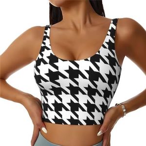 Pied-de-poule zwarte print dames workout tanktops racerback mouwloos sportvest voor yoga gym atletisch, Zwart, S