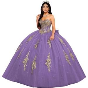 Fuomomo Quinceanera MT035 Quinceanera Jurken met Gouden Kant Hart Halslijn, Quinceanera Jurk, Strapless Baljurk met Strik, paars (Dusty Purple), 38