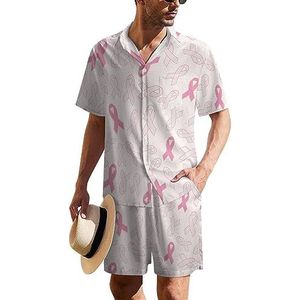 Borstkanker bewustzijn roze linten Hawaïaans pak voor heren, set van 2 stuks, strandoutfit met korte mouwen en korte mouwen, bijpassende set