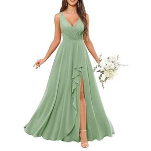 Chiffon baljurken voor dames, mouwloos, bruidsmeisjesjurken voor bruiloft, cocktailjurk, grote maten, Sage Groen, 32