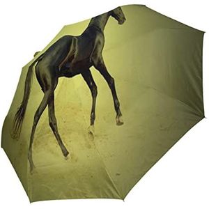 Dierenzwart paard schemering automatische opvouwbare paraplu UV-bescherming automatisch open sluiten vouwen winddicht zonblokkering voor reizen strand vrouwen kinderen
