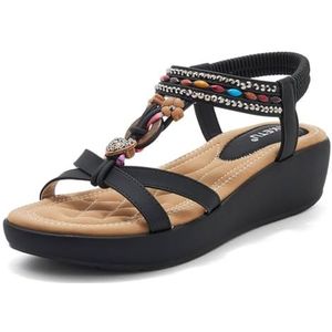 EFLALYHG Sandalen voor dames Zomer Bohemian Flats Dikke zool Casual wandelen Strandschoenen Enkel Elastische band Strandvakantie Sandalen,zwart,36 EU