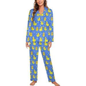 Rubber Gele Eenden Vrouwen Pyjama Sets Tweedelige Button Down Nachtkleding Lange Mouw Top En Broek Loungewear