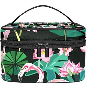 Make-up Organizer Bag, Reizen Make-up Tas Organizer Case Draagbare Cosmetische Tas voor Vrouwen en Meisjes Toiletartikelen Roze Lotus Groene Bladeren Flamingo Patroon, Meerkleurig, 22.5x15x13.8cm/8.9x5.9x5.4in