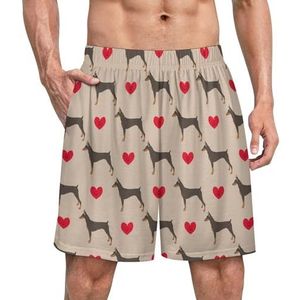 Hond Doberman Pinscher met Harten Grappige Pyjama Shorts voor Mannen Pyjama Bottoms Heren Nachtkleding Met Zakken Zacht