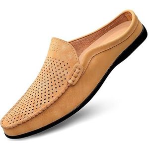 Comodish Men's Loafers Hollowed-out Breathable Leather Mules Slippers Flat Heel Anti-slip Flexible Casual Slip-on (Color : Yellow Brown, Size : 44.5 EU)