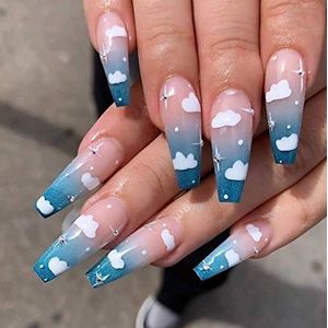 Coffin False Nails Rainbow Press on Nails Short Fake Nails Color Bloom Ballerina Acrylic Stick on Nails 24pcs for Women and Girls(Blue,24 Count (Pack of 1))