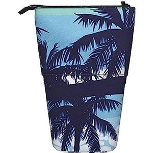 Palmboom Blauw Potlood Case Telescopische Make-up Tas Pop Up Office Organizer Box Staande Pen Houder Cosmetica Tas Met Ritssluiting, Zwart, Eén maat