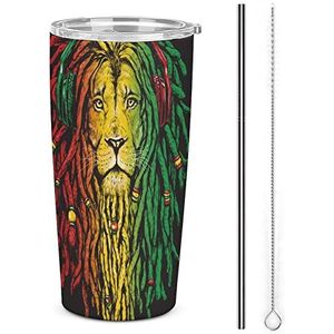 Pen En Inked Rastafari Leeuw Reizen Koffie Mok Rvs Tumbler Met Deksel En Stro Geïsoleerde Cup Voor Auto Thuis 17oz