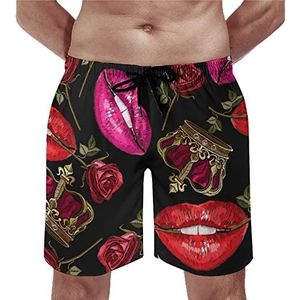 Borduurwerk Lippen, Rozen Bloemen En Kroon Heren Strand Shorts Sneldrogende Board Shorts Mesh Voering Strand Broek Gym Zwembroek S