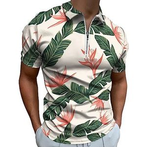 Poloshirt met palmbomen en strelitzia bloemen voor heren, casual T-shirts met ritssluiting en kraag, golftops, slim fit