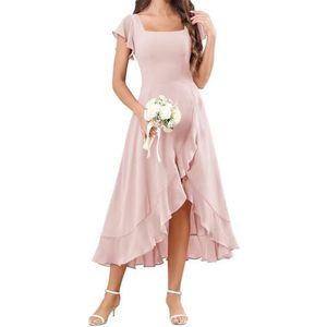 HPPEE Flutter Mouw Chiffon Bruidsmeisjesjurken voor Vrouwen Vierkante Hals Korte Avond Formele Jurk, Blush Roze, 32