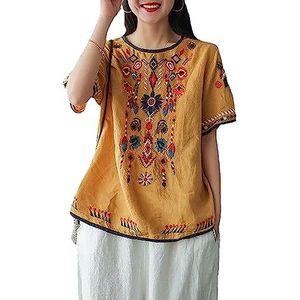 XHAXHI Mexicaanse geborduurde tops voor dames, katoen linnen retro geborduurde ronde hals korte mouw losse blouse top t-shirt (kleur: geel, maat: 3XL)