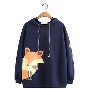 Mfacl Leuke hoodies sweatshirt vrouwen kleding kawaii hoodie herfst cartoon schattige vos bedrukte hooded set met lange mouwen trui (Color : Navy, Size : One Size)