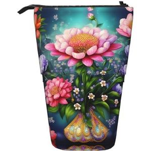 Nbtghga Bloem Diamant Schilderen Print Potlood Telescopische Klassieke Kunsten Stand Up Potlood Case Organizer Potlood Houder Make-up Tas Gift, Zwart, Eén maat