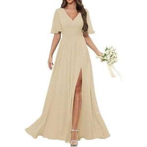 HPPEE Damesjurk met korte mouwen en V-hals, chiffon, bruidsmeisjesjurk met split en plooien, lange formele avondjurk, Champagne, 32