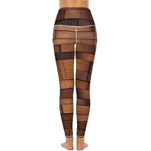 Bruine Houten Muur Vrouwen Hoge Taille Yoga Broek Met Zakken Workout Running Leggings Voor Vrouwen