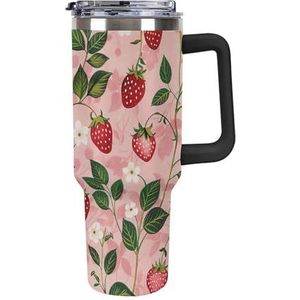 FHESDCW Perzik Aardbei Print Grote Capaciteit Auto Cup 40oz RVS Tumbler met Handvat Geïsoleerde Water Fles met Rietje En Deksel Gedrukt Mokken Past in Auto Bekerhouder