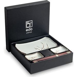 SUSHI SERVIES SET | Sushi Set 6-delig voor 2 Personen | Authentiek Japans | Porselein | 2 Sushi Rechthoekige Borden, 2 Sausschaaltjes & 2 Paar Eetstokjes | In Geschenkdoos | (Soshun)