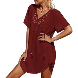SkyjOy Cover-up voor vrouwen, strandkleding, cover-up voor dames, kanten gehaakte V-hals, bedekkende jurk, strandbedekking voor badmode, dames, bikini-zwempakcover-ups voor dames (rood, XXXL)