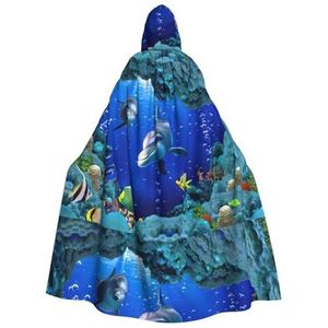 WURTON Heks en vampier cosplay kostuum mantel, 3d onderwater wereld vis dolphi carnaval capuchon cape voor volwassenen, 190 cm