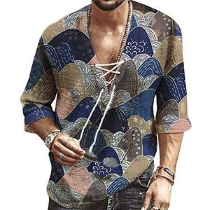 GROBTE Heren Gedrukt V-hals Shirt Casual Mode Korte Mouw Strand Trekkoord Zomer Tops Voor Mannen 2024, Blauw, L