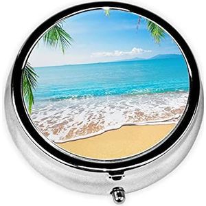 Oceaan Zee Strand Palm Bladeren Gedrukt Pil Doos 3 Component Mini Kleine Pil Case Leuke Pil Organizer Draagbare Ronde Pil Container Houder om Vitaminen Medicatie vast te houden