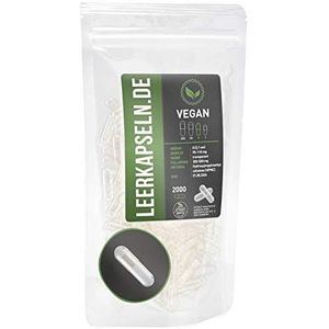 2000 stuks lege capsules, maat 0, HPMC-capsules, verbonden capsulehelften, hele lege capsules met grote inhoud, transparant, veganistisch, vegetarisch, halal kosher supplements (2000)