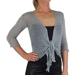 Mimosa Gehaakte bolero voor dames, glitter of effen, super rekbare kanten visnet stropdas in de taille, bolero, open vest, past maat 34-56, Grijs Zilver, One size Grote Maten