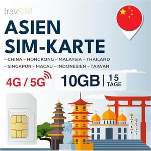 travSIM Aziatische simkaart, 15 dagen, 10 GB, sim-kaart Azië, gebruik in Macau, China, Hongkong, Maleisië, Thailand, Singapore & meer, toegang tot Google, Facebook, Whatsapp en meer, geen