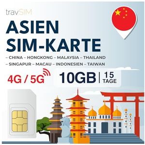 travSIM Aziatische simkaart, 15 dagen, 10 GB, sim-kaart Azië, gebruik in Macau, China, Hongkong, Maleisië, Thailand, Singapore & meer, toegang tot Google, Facebook, Whatsapp en meer, geen