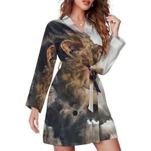 Aquarel schilderij van leeuw nachthemd voor vrouwen lange mouwen gewaden knielengte loungewear zachte badjas nachtkleding L