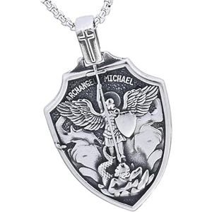 St. Michael Medaille Hanger Ketting, Roestvrij Staal St. Michael De Aartsengel Katholieke Accessoires, Religieuze Amuletten Sieraden Voor Mannen Vrouwen(Silver)