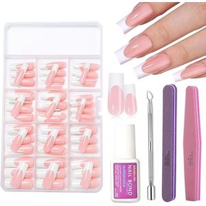 240 stuks Press-on Nails Kit - Nude Pink Kunstnagels French Tip - Superlange Kist Plaknagels - Sterke Nepnagels met Lijm