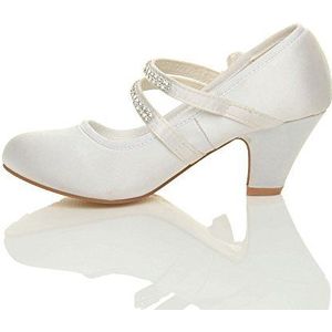 AJVANI Meisjes kinderen kinderen lage hak partij bruiloft mary jane stijl haak & lus sandalen school schoenen maat., Witte satijnen strik, 12 UK Child