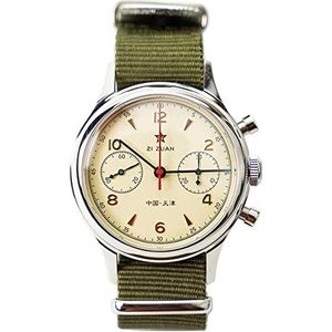 SEA-KORS Seagull 1963 ST1901 Beweging Chronograaf Horloge Saffierkristal Mechanische Mannen Pilot 38mm Echt Groen Nylon, Zilver, riem