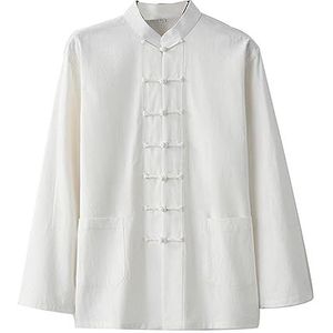 GVILTY Traditioneel tangpak met lange mouwen Kung Fu Uniform Heren Shirt, Katoen Linnen Tai Chi Kleding Vechtsporten Shirt Chinese Kleding Vleugel Chun Zen Meditatie Uniform Wit-M