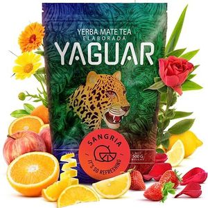 Yaguar Sangria 0,5kg | Yerba mate met fruit | Natuurlijke stimulatie | Geïnspireerd door de smaak van Spaanse drank | Aardbei, appel, citrus, bloemblaadjes | Yerba mate uit Brazilië | 500g
