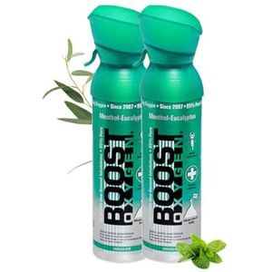 Boost Oxygen - Zuurstof - Natuurlijk, 95% Zuivere Zuurstof - Zuurstoffles voor Concentratie, Recuperatie, Energie, Stemming, Medium - 10L, 2x5L (2x Stuks - 200 Inhaleringen) - Menthol-Eucalyptus