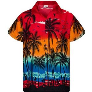 King Kameha JK-Funky Hawaïhemd voor heren, korte mouwen, voorzak, stijlvol, tropisch, strand, oceaan, zee, palmen, uniseks, Jk-Beach-design rood, XS