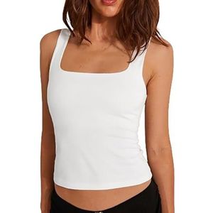 Basic Geribde Gebreide Tanktops voor Dames, Nauwsluitende Shirts met Vierkante Hals voor Uitgaan(Color:White,Size:XL)