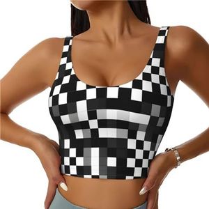 GFXEDSAH Zwart wit formule geruit patroon print yoga bh's, workout tops met ingebouwde beha, stijlvol racerback ontwerp met gewatteerd comfort, Zwart, S