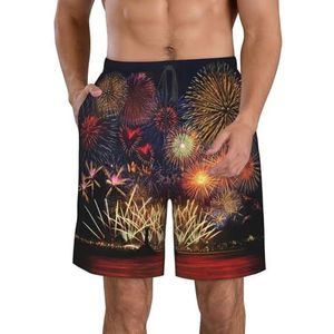 Groene Palmboom Bladeren Roze Print Heren Zwemplank Shorts Zwembroek Trunks Badmode Sneldrogende Surfen Strand Essentiële Zomer, Vuurwerk, XXL