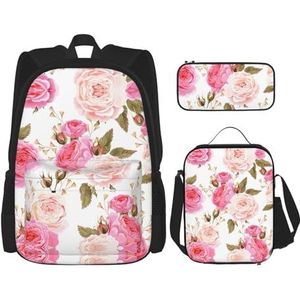 DEXNEL Bloemen Bloem Rose Roze Rugzak met Lunchbox Set van 3 Schoolrugzakken Bijpassende Combo voor Universe Toepassing, Zwart, Eén maat, Schooltas Set