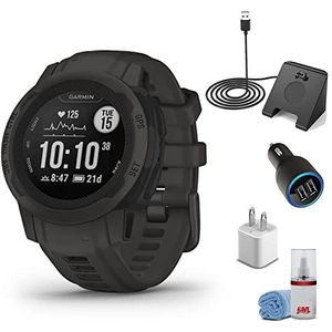 Garmin Instinct 2S - Standard Edition Smart Watch-Graphite + Watch Charging Stand + USB Car Adapter + USB Wall Adapter + LCD Screen Cleaner