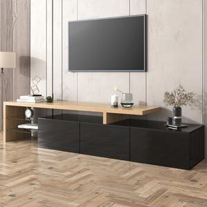 Aunvla Modern tv-kastdesign: stijlvolle elegantie, praktische opbergruimte, hoogglanzend zwart, houtlook, glazen planken, led-verlichting